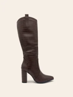 Sale CASSY Amber - Bottes Marron Minimalistes A Bout Pointu Et Talon Bloc Imprime Croco