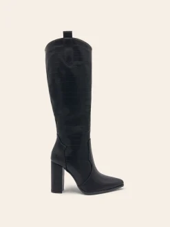 Clearance CASSY Amber - Bottes Noires Minimalistes A Bout Pointu Et Talon Bloc Imprime Croco