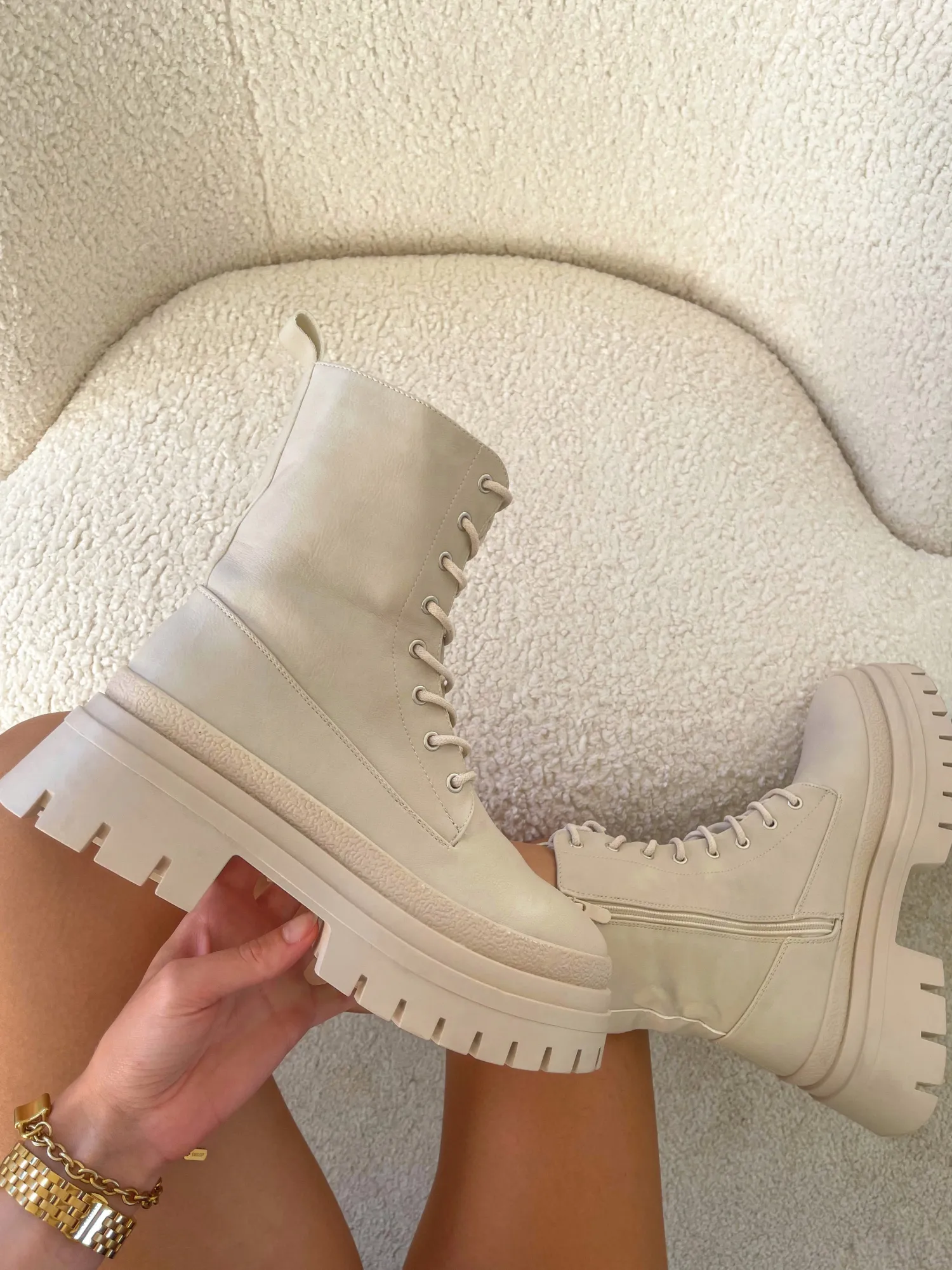 Fashion CASSY Briana - Bottines Beiges Chunky A Lacets Et Semelle Epaisse