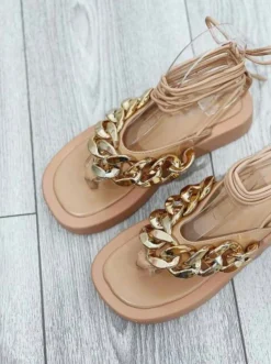 Outlet CASSY Sandales Plates Camel A Lacets Et Detail Chaine Doree